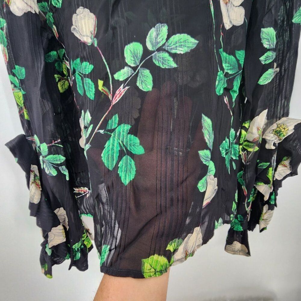H&M Semi-Sheer Floral Black Long Sleeve Top Womens Size 4 Whimsygoth Fairy - Picture 3 of 5